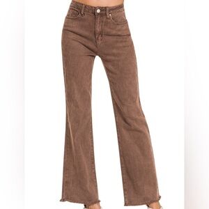 NWT🤎Zenana Acid Washed Frayed Raw Hem Straight Wide Pants Small Rum Brown